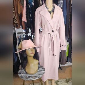 Elegant Pink Faux Leather Trench Coat/Hat